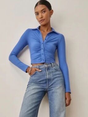 Reformation Blue Ruched Button-Down Crop Top
